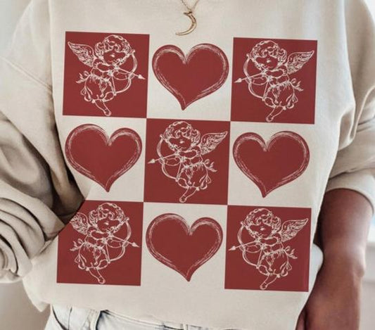 Hoodie Sweatshirt Crew T-Shirt  Valentines - Cupid and Hearts Tic-Tac-Toe Design