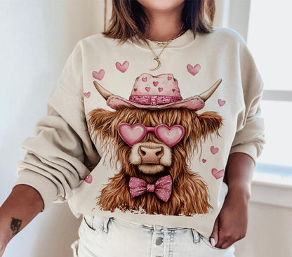 Sweatshirt Crew Hoodie Or T-Shirt  Happy Valentines Cow With Pink Hat & Glasses