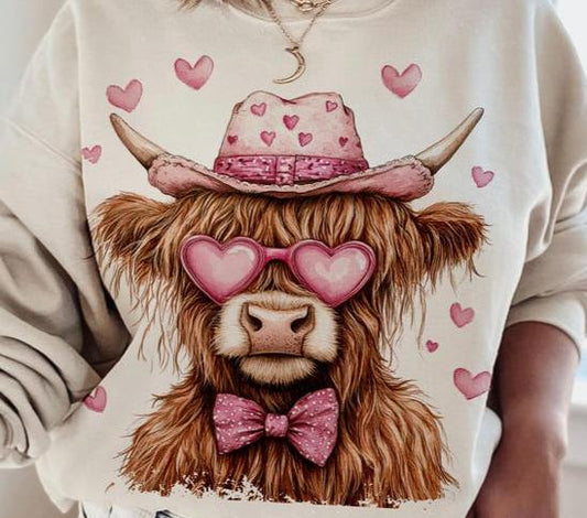 Sweatshirt Crew Hoodie Or T-Shirt  Happy Valentines Cow With Pink Hat & Glasses