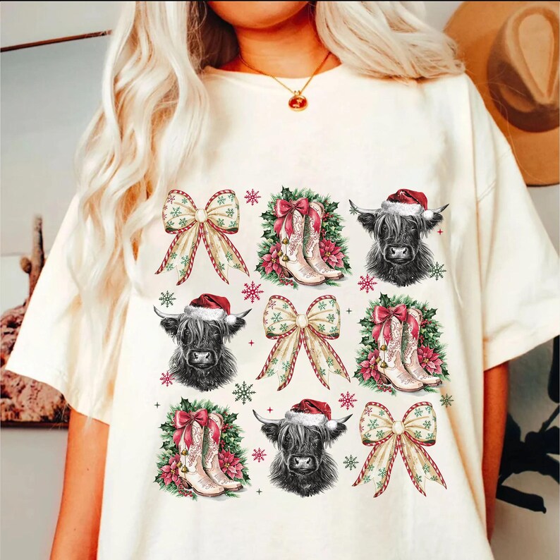 Coquette Cowgirl Christmas – Christmas Season – Christmas Highland Cow Bow DTF transfer