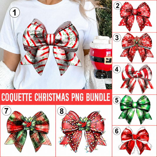 Eight Coquette Christmas bow designs numbered 1 through 8