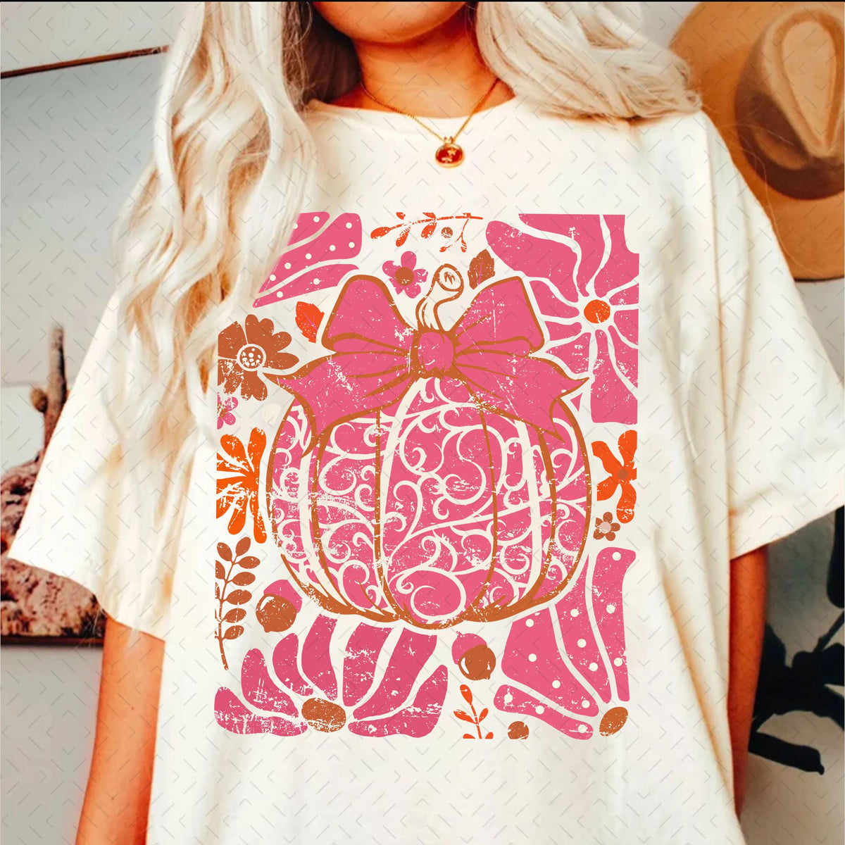 Leopard Pink Pumpkin with Flowers Hand Drawn – Fall Design DTF Transfer