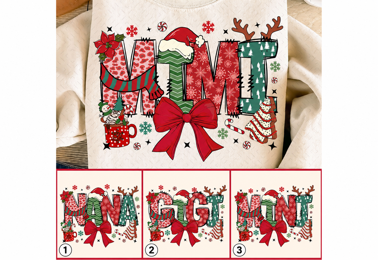 Christmas Nana Mimi Gigi DTF transfer options numbered 1 to 3