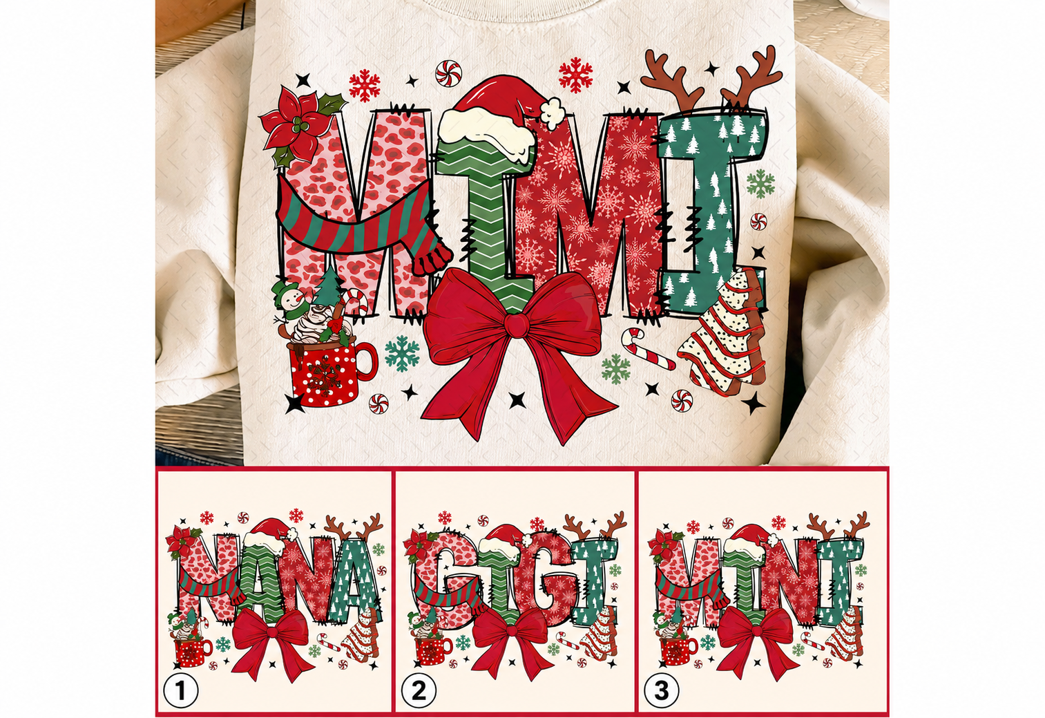 Christmas Nana Mimi Gigi DTF transfer options numbered 1 to 3