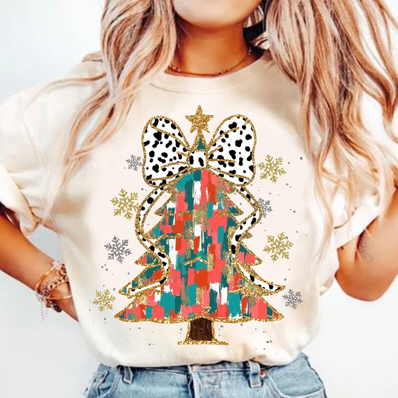 Colorful Coquette Glitter Christmas Tree – Girly Christmas Tree Design – Bright Color DTF transfer