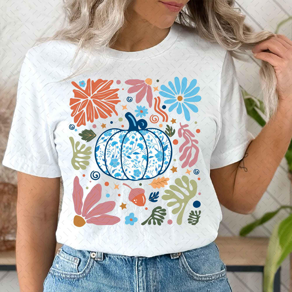 Blue Floral Pumpkin – Boho Floral Fall DTF Transfer