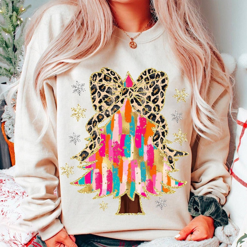 Colorful Coquette Glitter Christmas Tree – Girly Christmas Tree – Bright Color DTF transfer