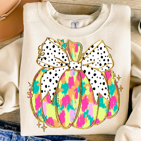 Colorful Coquette gold glitter pumpkin girls fall pumpkin design dtf Halloween girls fall kids fall DTF Transfer
