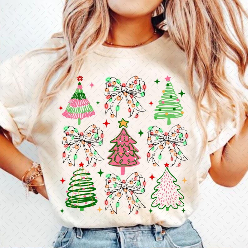 Christmas lights coquette bow – pink christmas – christmas tree DTF transfer