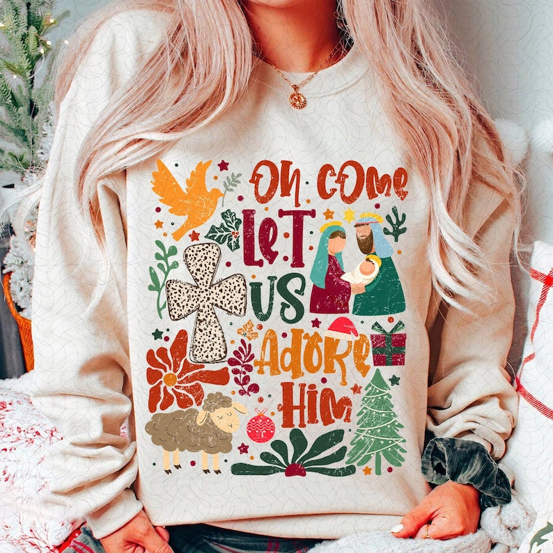 Oh Come Let Us Adore Him Boho Floral – True Story – Jesus Christmas DTF transfer