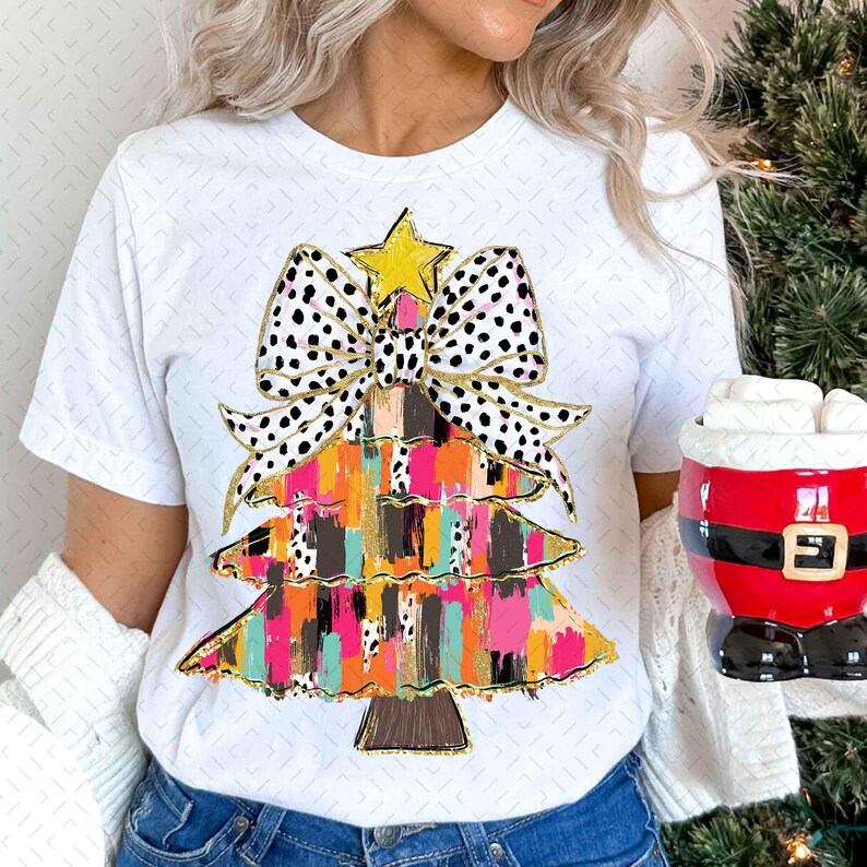 Colorful Coquette Glitter Christmas Tree – Girly Christmas Tree Design – Bright Color DTF transfer