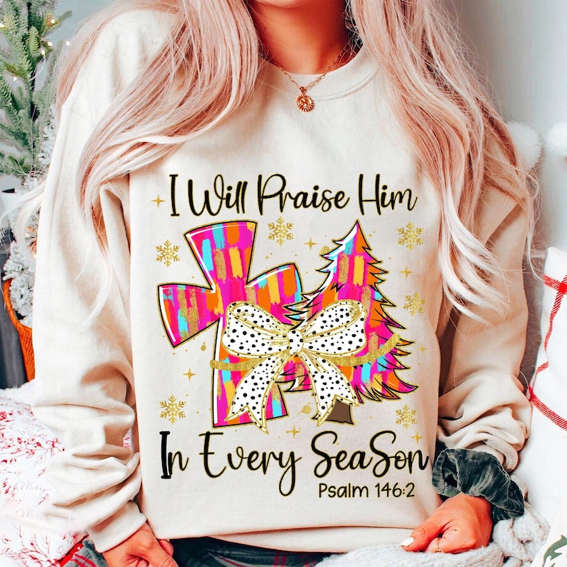 Glitter Coquette Pink Christmas Tree – Jesus Christmas – I will Praise Him in Every DTF transfer