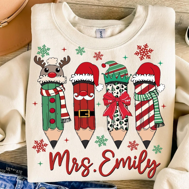 Teacher Pencil Christmas Coquette – Custom Christmas Teacher – Hot Cocoa Xmas Tree Cake DTF transfer