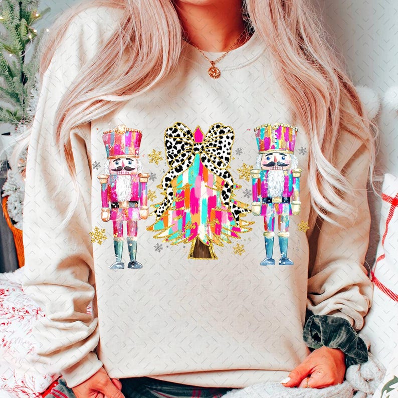 Girly Christmas – Colorful Coquette Glitter Christmas Tree Nutcrackers – Bright Color DTF transfer
