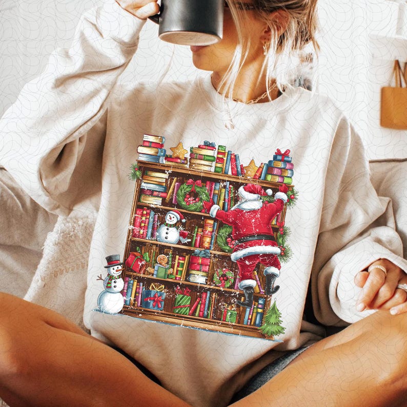 Cute Christmas Bookshelf – Santa Reading Book – Cute Christmas DTF transfer
