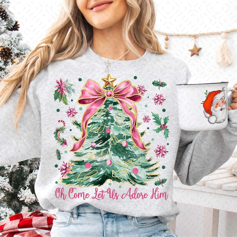 Oh Come Let Us Adore Him – Coquette Bow Christmas Tree – Christmas Jesus DTF transfer