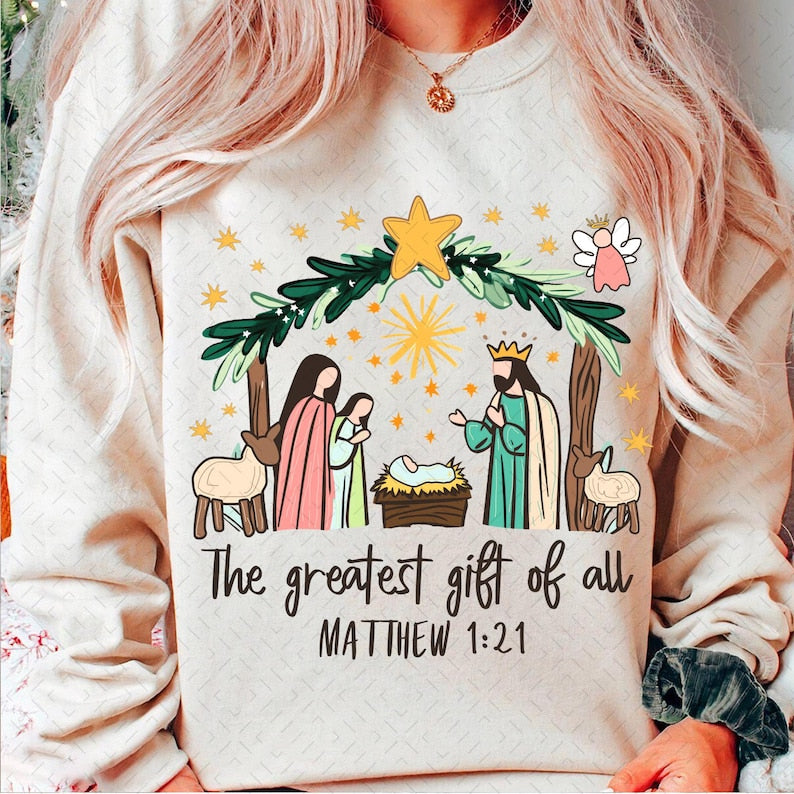 Greatest Gift of all – Bow Nativity Coquette Christmas Design – Hand Drawn DTF transfer