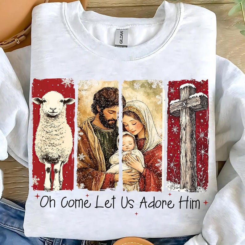 Oh Come Let Us Adore Him – Retro Jesus Christmas – Nativity Scene DTF transfer