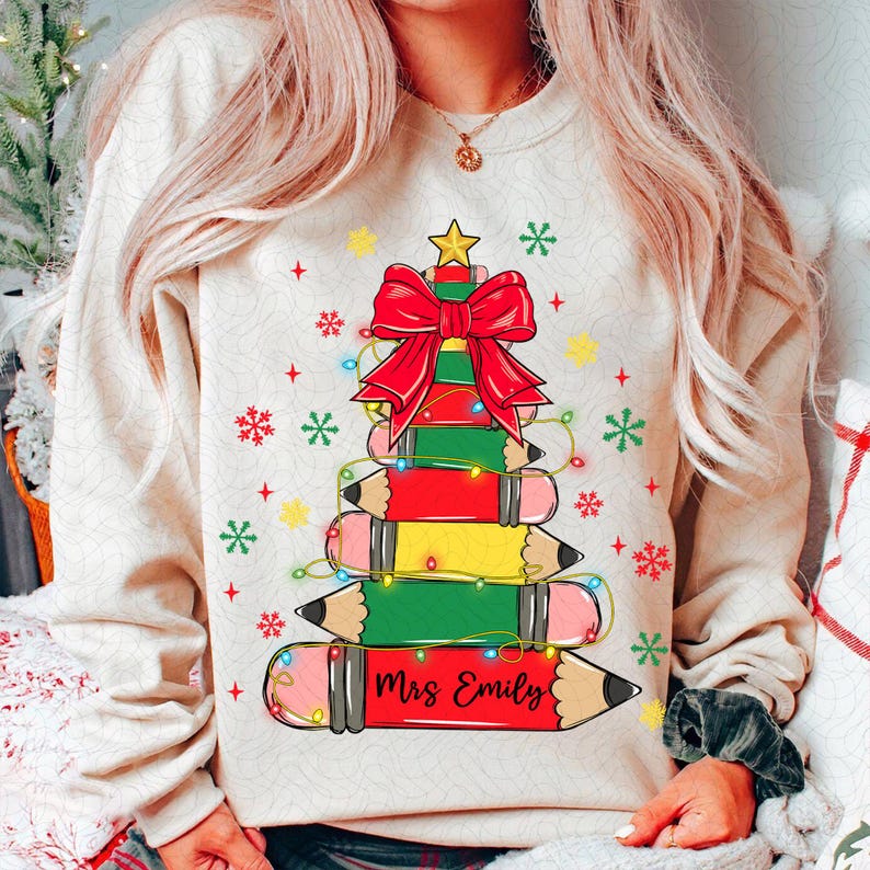 Coquette Teacher Pencil Christmas – Custom Christmas Teacher – Hot Cocoa Xmas Tree Cake DTF transfer