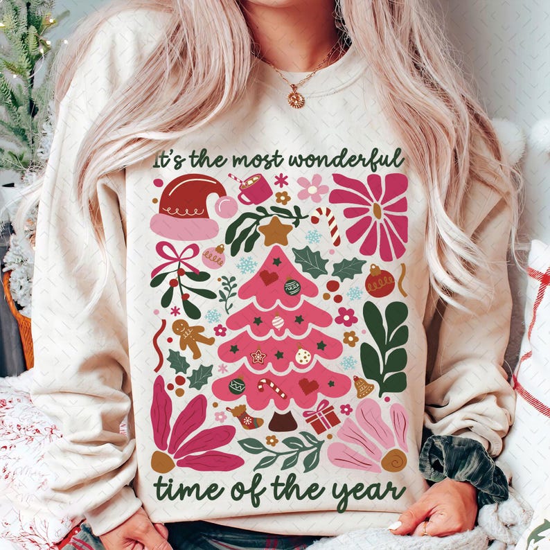 Boho Floral Christmas – Pink Christmas Hand Drawn – Boho Christmas DTF transfer