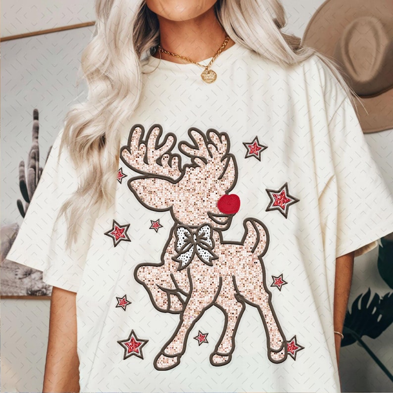 Colorful Glitter Christmas Reindeer – Faux Glitter Girl Reindeer Christmas – Coquette DTF transfer