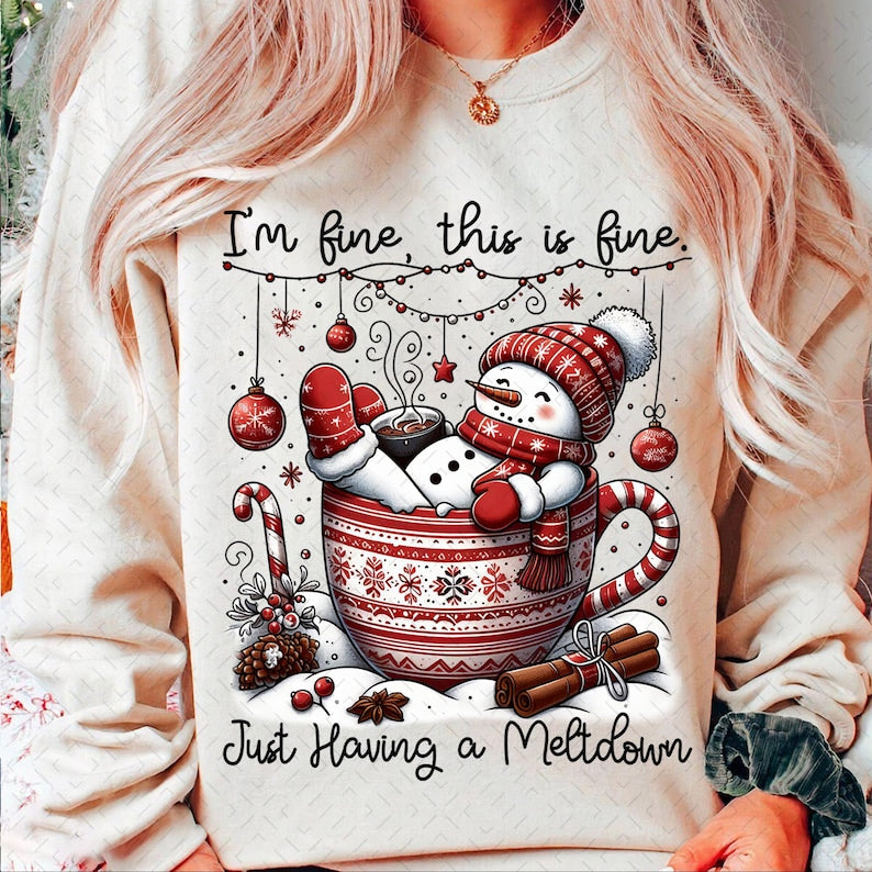 Im Fine This is Fine Just Having a Meltdown Funny Christmas Snowman Hot Cocoa Funny DTF transfer