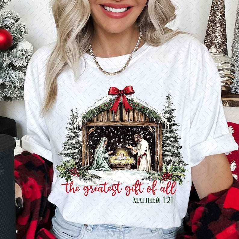 Greatest Gift of all – Bow Nativity Coquette Christmas Design – Hand Drawn DTF transfer