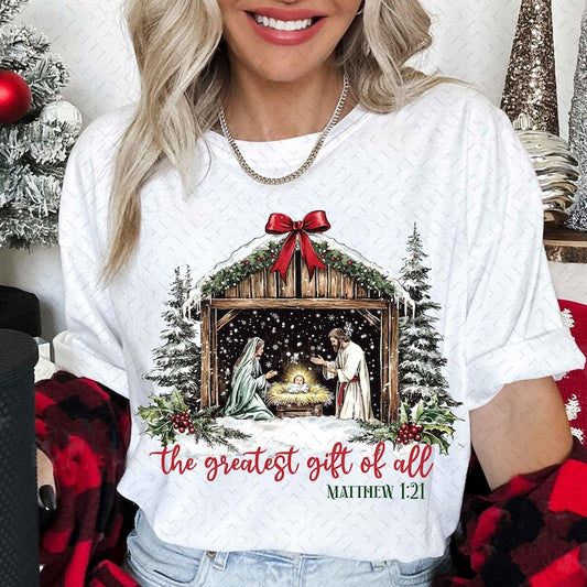 Greatest Gift of all – Bow Nativity Coquette Christmas Design – Hand Drawn