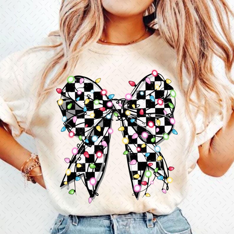 Christmas Light Coquette Bow – Checkered Christmas Bow – Christmas Bow Design DTF transfer