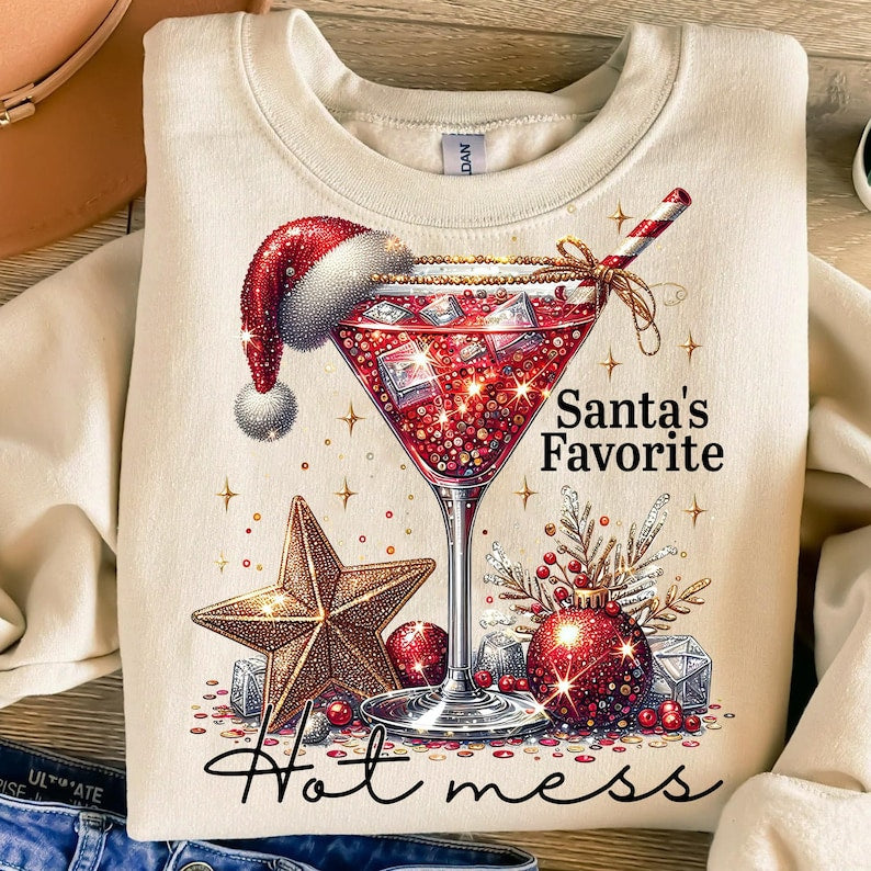 Santa's Hot Mess – Glitter Christmas Martini – Christmas Drink T DTF transfer