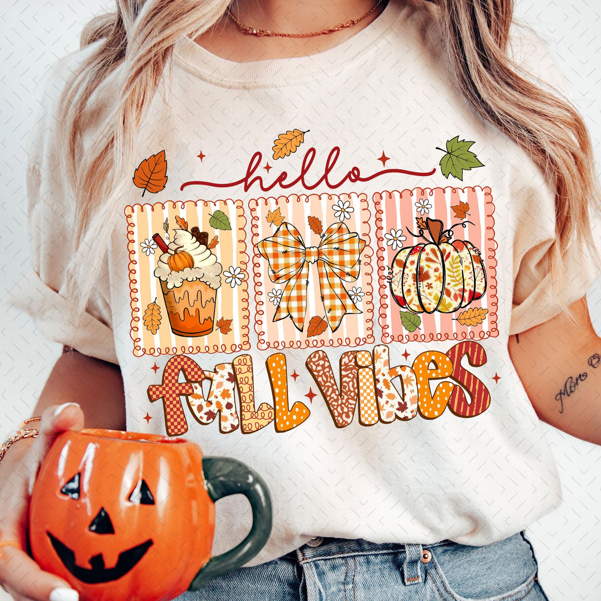 Preppy Hello Fall Vibes Coquette Bow – Fall pumpkin DTF Transfer
