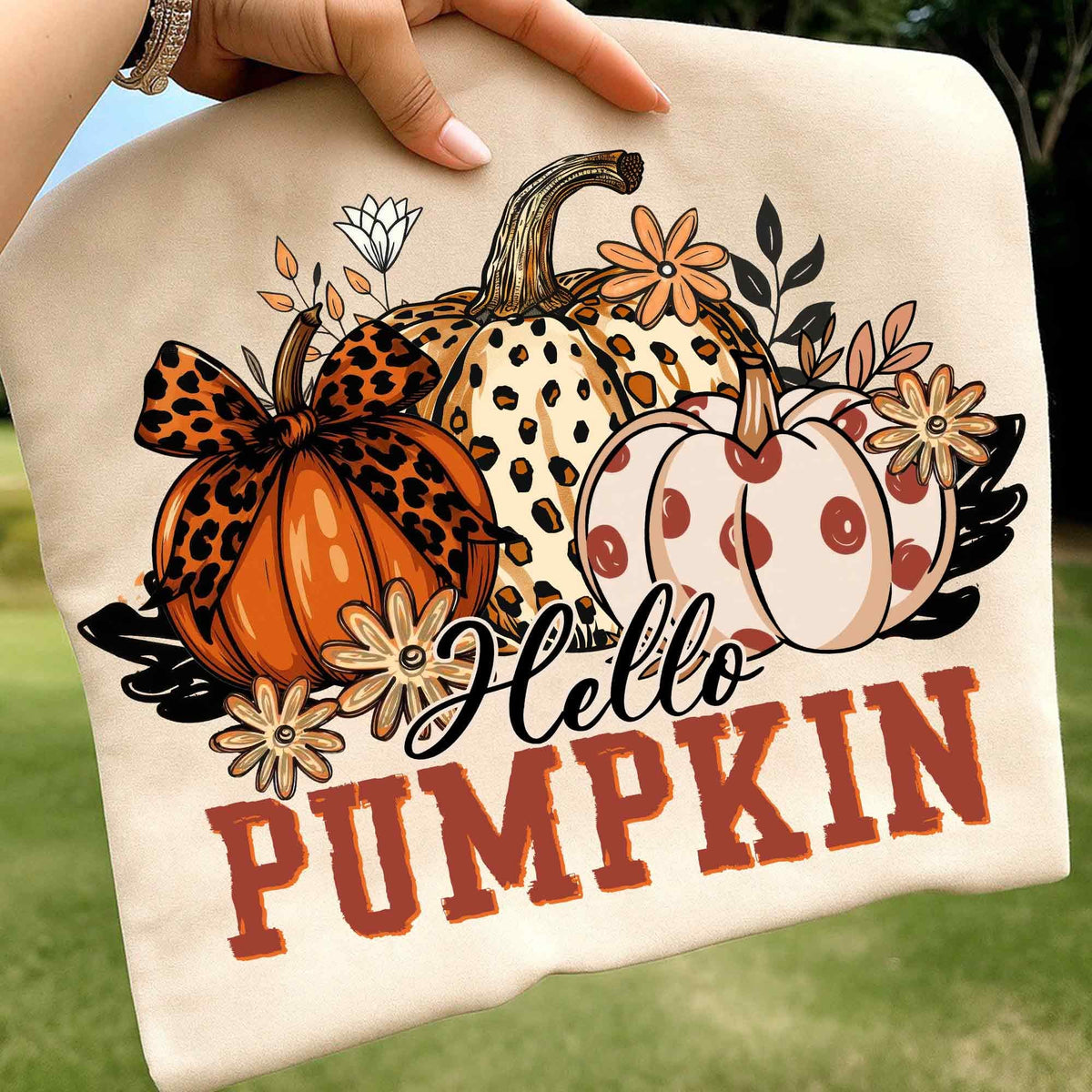Hello Pumpkin – Boho Floral Fall Leopard Pumpkin DTF Transfer