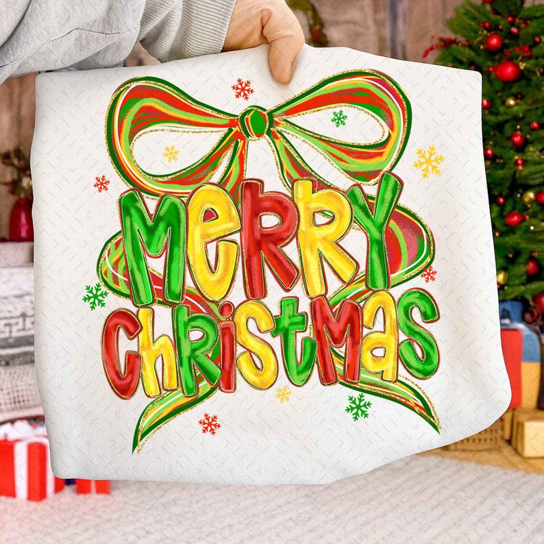 Preppy Christmas Coquette – Brushstroke Merry Christmas Bow – Holiday DTF transfer