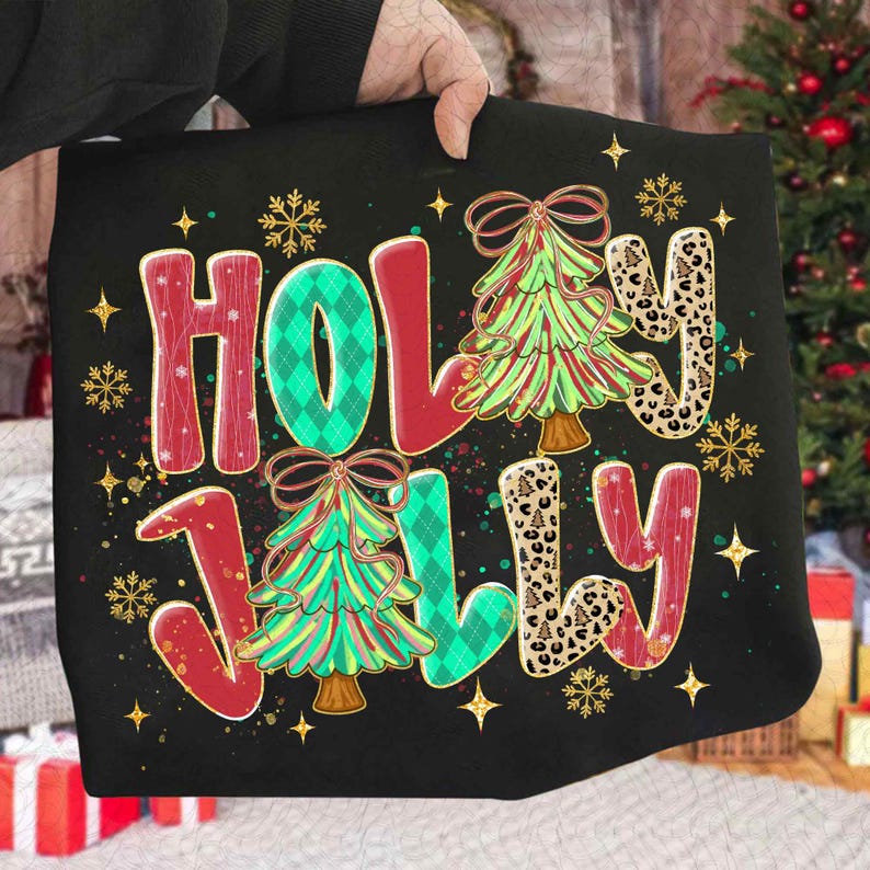 Preppy holly jolly – colorful brushstroke christmas tree coquette – holly jolly doodles DTF transfer