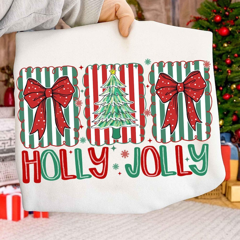 Coquette Holly Jolly Christmas – Merry and Bright – Preppy Christmas Tree DTF transfer