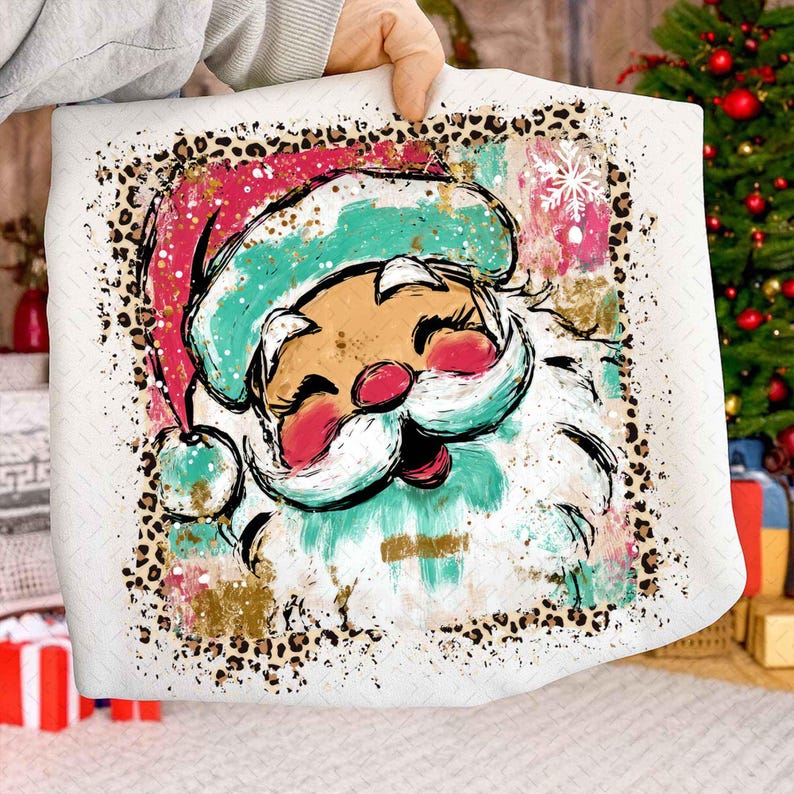 Preppy Brushstroke Santa Claus – Colorful Leopard Glitter Christmas Santa – Merry DTF transfer
