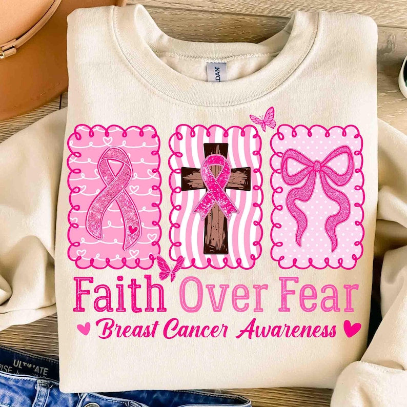 Faith Over Fear – Breast Cancer Warrior – Pink Coquette Bow DTF transfer