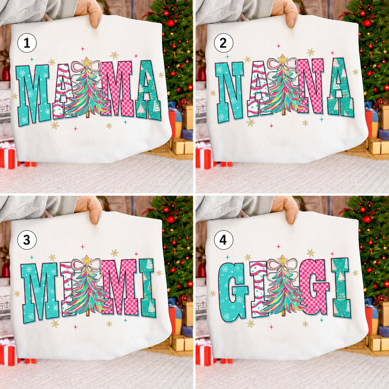 MAMA NANA MIMI GIGI Christmas DTF transfer options numbered 1 to 4