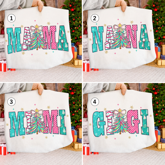 Merry Mama Christmas Bundle – Pink Christmas Tree – Preppy Christmas Shirt Design, 4 numbered design choices