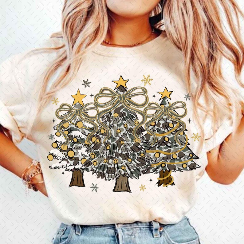 Coquette Camo Christmas Tree Glitter – Preppy Christmas Tree – Coquette Bow brushstroke DTF transfer
