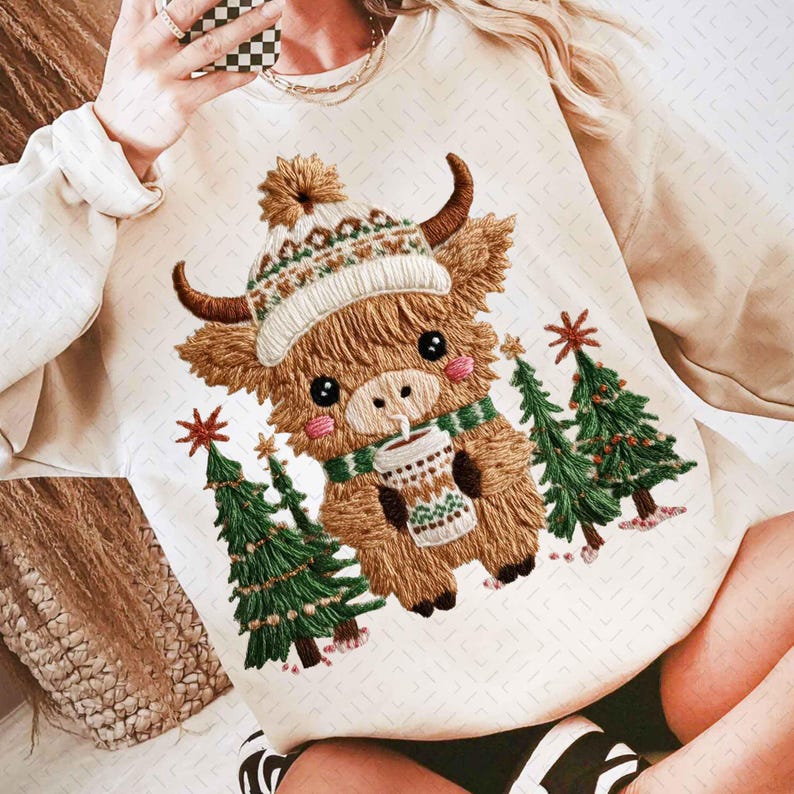 Latch Hook Yarn Crochet Highland Cow – Cute Winter Bull – Cozy Christmas Animal DTF transfer