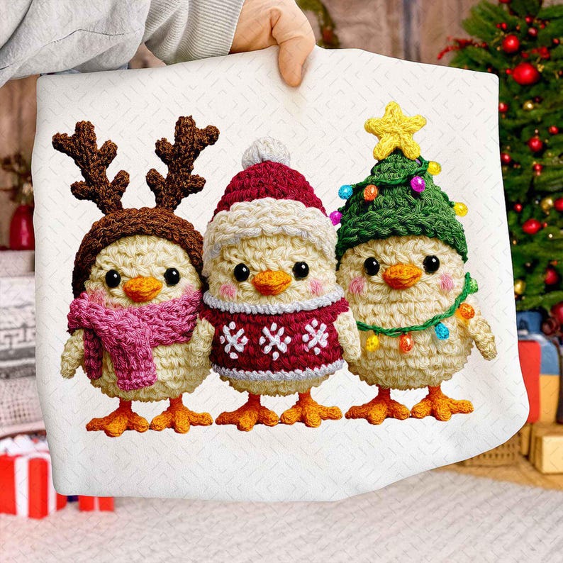 Cute Yarn Crochet Christmas Chicken – Funny Santa Chicken – Reindeer Chicken DTF transfer