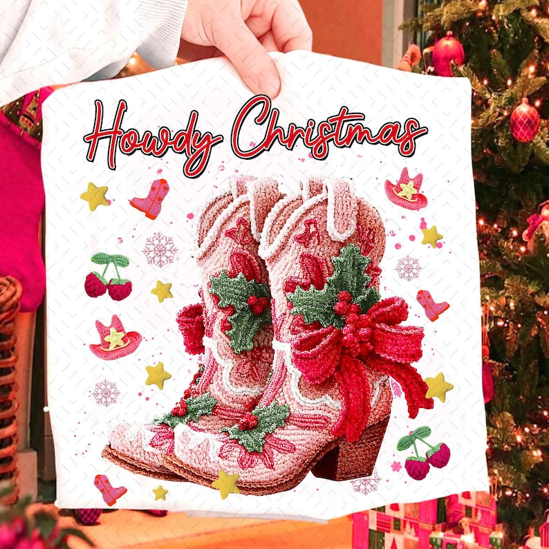 Western Howdy Christmas – Trendy Yarn Crochet Christmas – Pink Cowgirl Boots DTF transfer