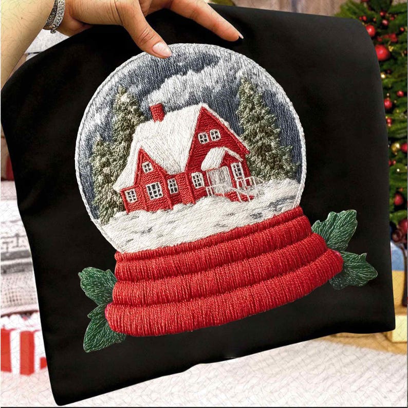 Snow Globe – Faux Embroidery Christmas – Latch Hook Yarn Holiday DTF transfer
