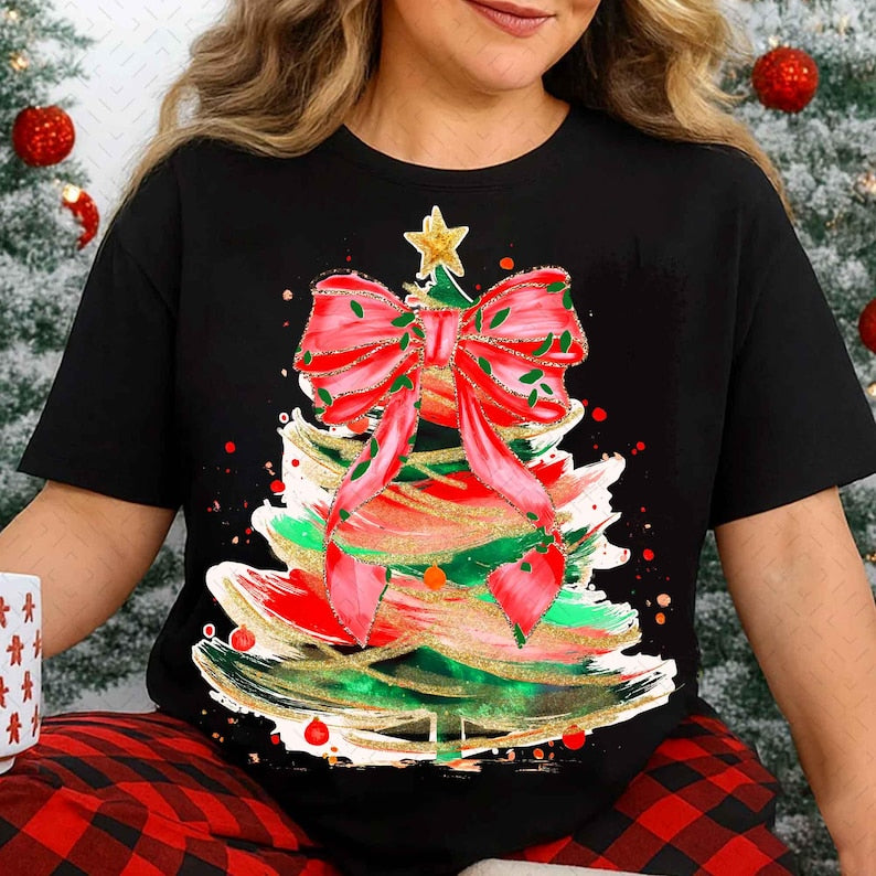 Preppy Christmas Tree Messy Hand drawn Hot Red doodle Brush strokes Coquette Bow Faux DTF transfer