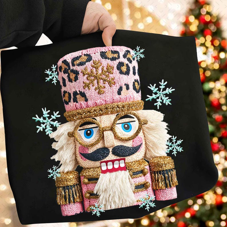 Crochet Yarn Nutcracker – Coquette Preppy Christmas – Leopard Print Christmas Glitter DTF transfer