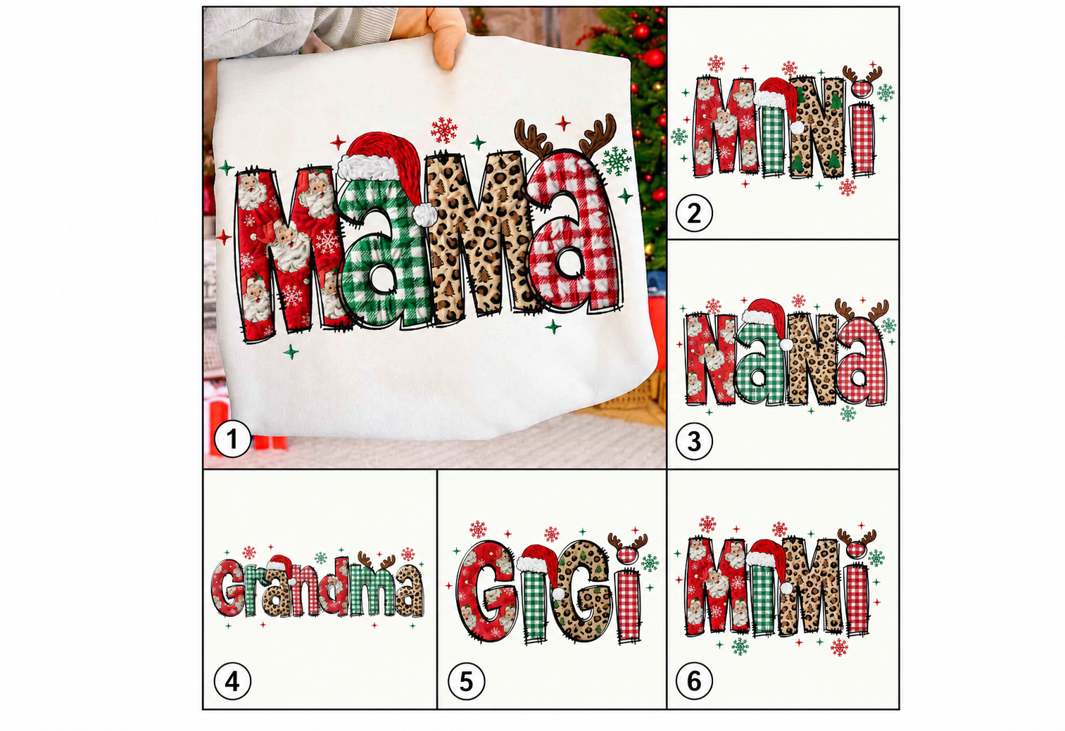 MAMA MINI NANA GRANDMA GIGI MIMI Christmas DTF transfer options numbered 1 to 6