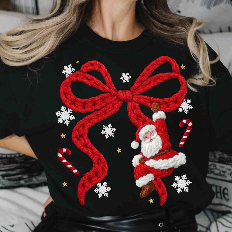 Coquette Merry Christmas Santa – Red Ribbon Yarn Crochet Santa – Latch Hook Christmas DTF transfer