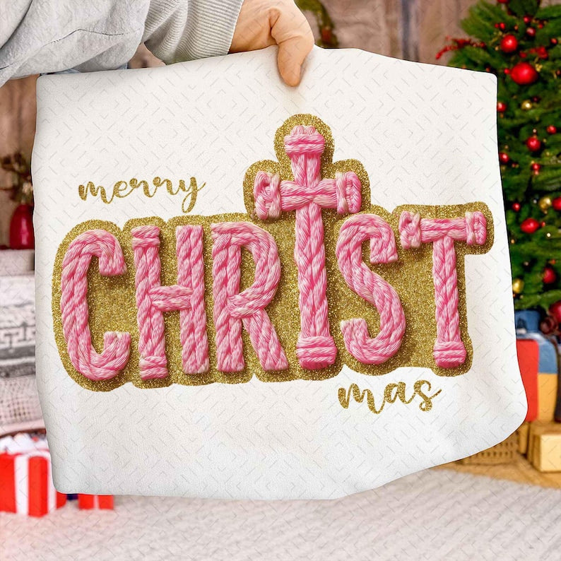 Merry Christmas Faux Yarn – Glitter Merry Christmas Yarn – Retro Christmas Crochet DTF transfer