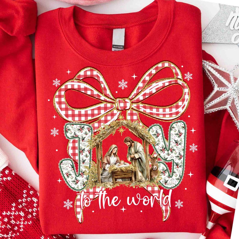 Coquette Jesus Christmas Bow – Joy to the World – Checkered Red Plaid DTF transfer